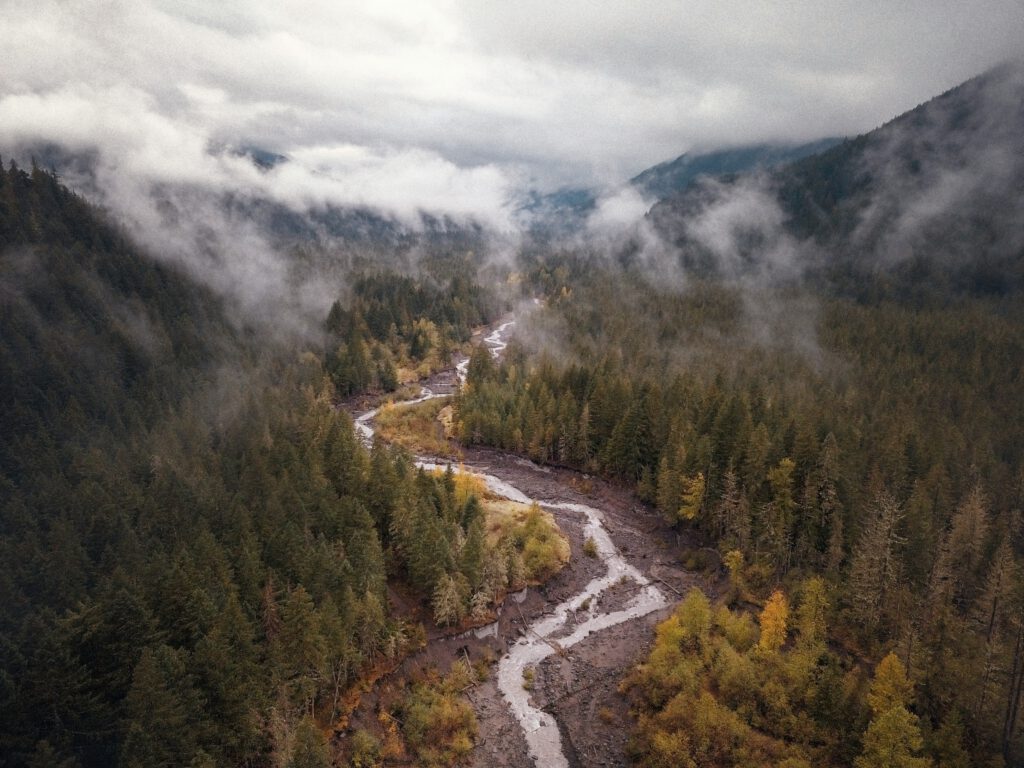 An aerial view of a winding river cutting through a forested valley landscape. | Life transitions therapy in Portland, Oregon helping you navigate change and find direction